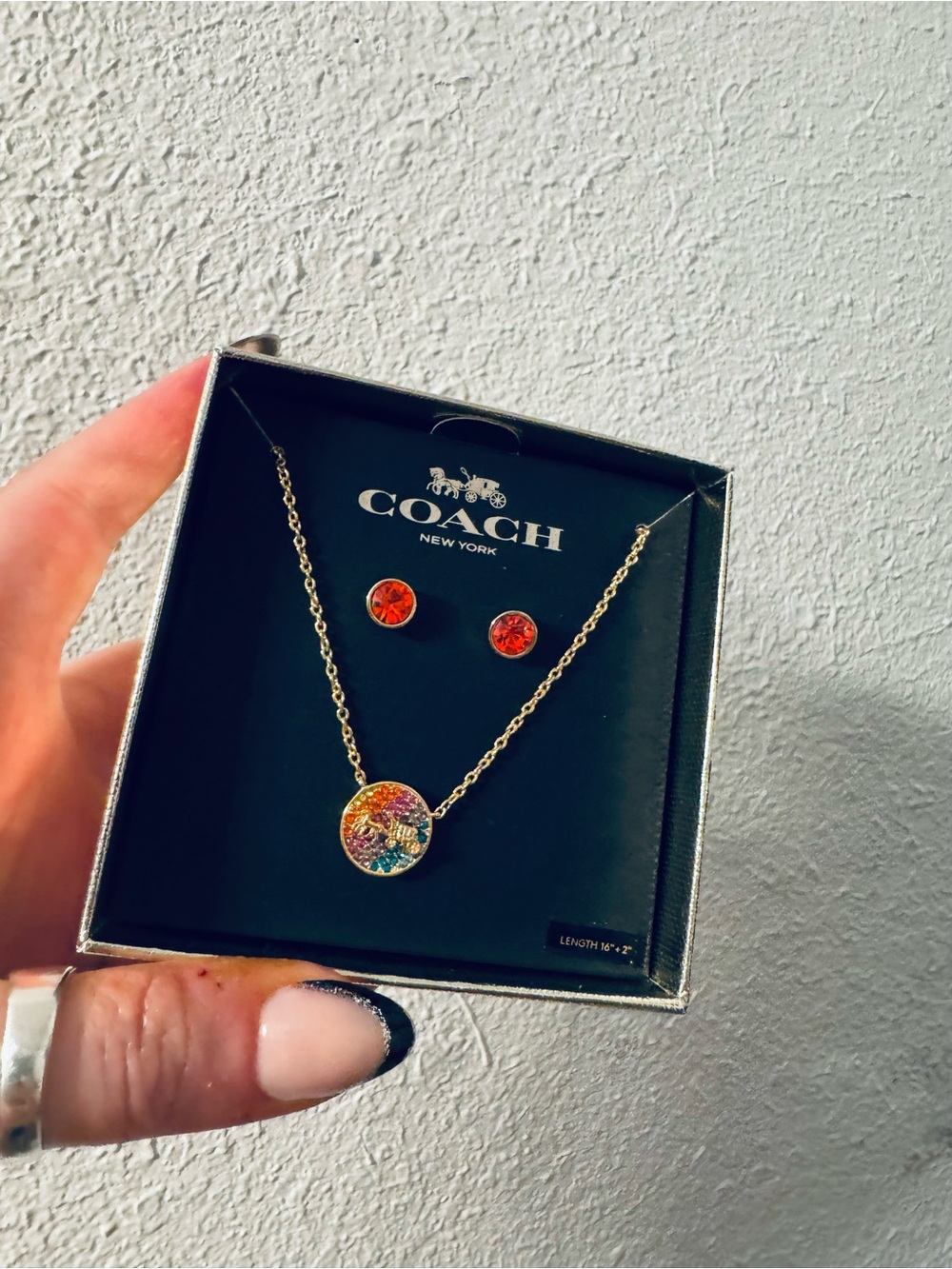 COACH Multicolor Crystal Disc Pendant Necklace & Stud Earrings Set - Gold